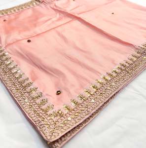 Groom Pagdi Groom Sherwani Dupatta: Peach colour silk based golden printed Dulha Sherwani dupatta with latkan