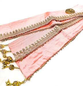 Peach colour silk based golden printed Dulha Sherwani dupatta with latkan