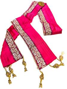 Groom Pagdi Groom Sherwani Dupatta: Hot Pink colour silk based golden printed Dulha Sherwani dupatta with latkan