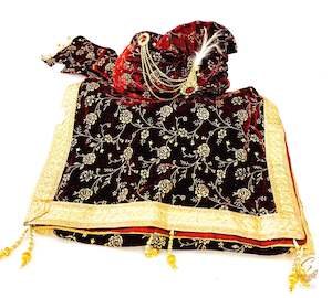 Groom Pagdi Groom Sherwani Dupatta: Dark Maroon colour velvet based golden printed Dulha Pagdi With dupatta set