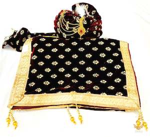 Dark Maroon colour velvet based golden printed Dulha Pagdi With dupatta set