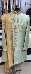 Pastel mint colour raw silk brocade based handwork on neck and buttons beautiful…