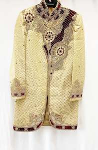 Golden Colour Pure Brocade Raw Silk With Heavy Handwork Mens Wedding Sherwani