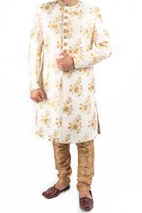 Sherwani 1: Off White Silk base Groom's Sherwani with floral embroidery