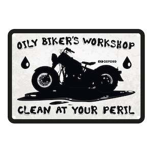 Oxford Garage Metal Sign: "Oily Biker's Workshop"