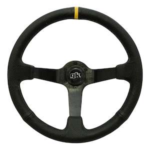 GKTECH STEERING WHEEL 350MM DEEP DISHED PERFORATED LEATHER YELLOW STRIPE (Order in)