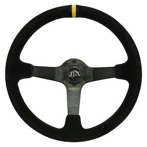 GKTECH STEERING WHEEL 350MM DEEP DISHED SUEDE YELLOW STRIPE (Order in)