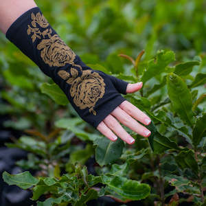 Gloves: Merino Wool Gloves - Black and Gold Rose