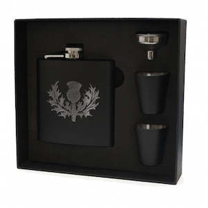 6oz Matt Black Hip Flask With Cups Gift Set (Scottish designs)