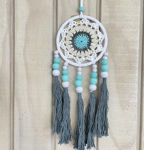 Dreamcatcher Macrame Beaded Aqua/Cream Small