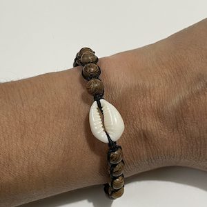 Natural Cowrie Seashell and Beads – Bracelet or Anklet – Adjustable – Black Cord