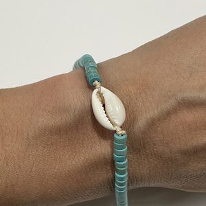 Natural Cowrie Seashell and Blue Beads – Bracelet or Anklet – Adjustable – Beige Cord