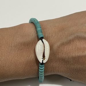 Natural Cowrie Seashell and Blue Beads – Bracelet or Anklet – Adjustable – Black Cord