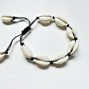 Natural Cowrie Seashell Bracelet or Anklet – Adjustable – Black Cord