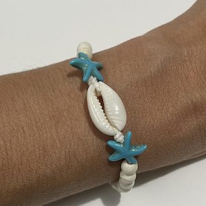 Bracelets and Anklets - Seashell Story Kaikoura: Natural Cowrie Seashell, Blue Starfish and White Beads – Bracelet or Anklet – Adjustable – Beige Cord