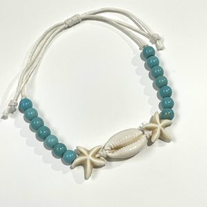 Bracelets and Anklets - Seashell Story Kaikoura: Natural Cowrie Seashell, White Starfish and Blue Beads – Bracelet or Anklet – Adjustable – Beige Cord