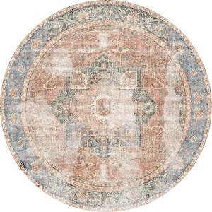 Matakana Cezanne Terracotta Blue Distressed Vintage Round Washable Rug