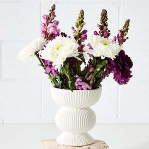 Round Corrugated Ceramic Vase White