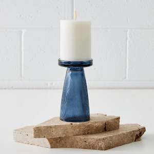 Tall Ribbed Glass Candleholder Blue