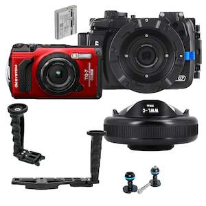 Photographic equipment: OM System Tough TG-7, Nauticam NA-TG7 Housing & WWL-C Wide Angle Flexitray Bundle