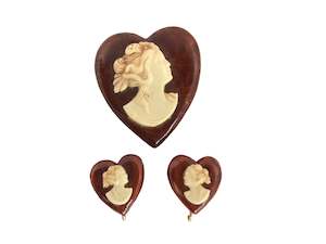 Vintage Wood Brooch & Earrings Mourning Cameo (19173)