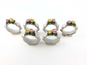 Vintage Porcelain Napkin Rings With Roses and Gold Gild ( 19246)