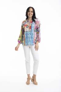 Oriental Floral Digital Frill Neckline Top