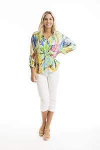 Womenswear: Tropical Digital Frill Neckline Top