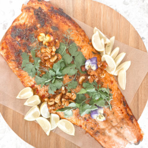 Christmas Buffet Menu: Chili ginger caramel side of salmon with honey curried cashews