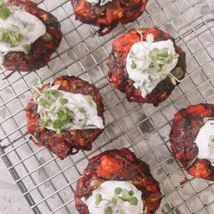 Beetroot & edamame fritters