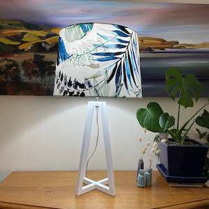 Furniture: White wooden table lamp | Handcrafted fabric light shade