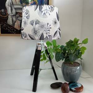 Black gloss tripod table lamp - eucalyptus blossom fabric light shade