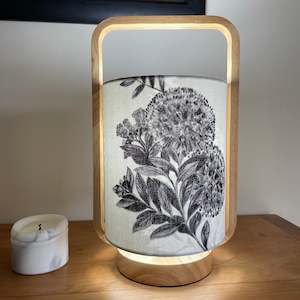 Furniture: Timber and blossom grey table lamp