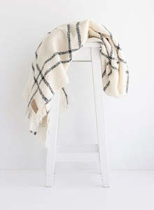 Blankets Throws: Wool Twill Throw - Cream Window Check - NZ Made