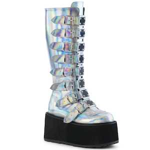 Shoe: DAMNED-318 Silver Hologram Knee Boots