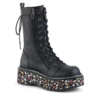 EMILY-350 Black Vegan Leather-Floral Fabric