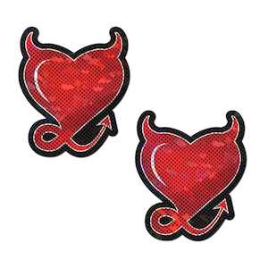 Devil Heart: Red Glittering Hearts with Horns & Tail Nipple Pasties