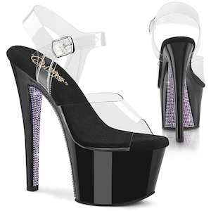 Shoe: SKY-308CRS Platform Shoes Clear/Black-Lavender Rhinestone