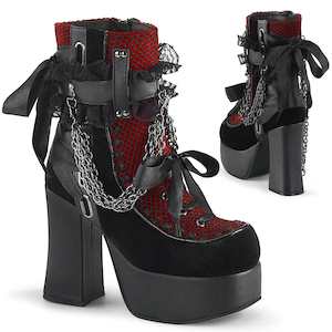 Shoe: CHARADE-110 Black Vegan Leather -Red-Black Velvet-Fishnet Overlay