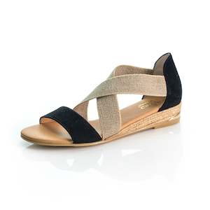 Shoe: 316-Flat dress sandal with heel in elasticated cross straps & rope detail sole