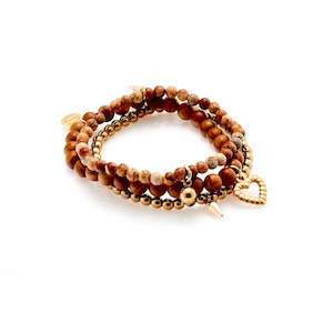 Bracelets: Riveria Sand Bracelet Stack By Silk and Steel - Wood/Pic Jasper/Gold