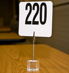 Freestanding Table Talkers Display Holders: Table Card Holder 4" Alligator Clip on Crystal Clear Base