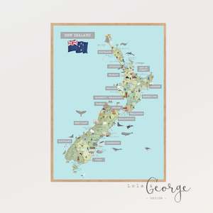 Lola & George NZ Map (Oh the Places You could Go) - Wall Art Decor A2