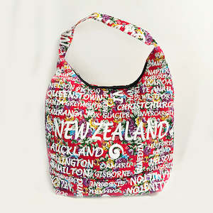 Internet only: BIG Red NZ Souvenir Shoulder Bag with Cities Print