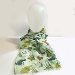 Internet only: Pretty Soft Green NZ Scarf Covered in Native Birds Print