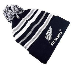 Internet only: All Blacks Rugby Striped Beanie with Pompom