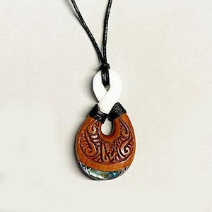 Internet only: Maori Bone and Wood Love Twist Necklace with Paua Shell