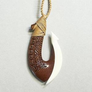 Bone and Wood Hook Necklace with Polynesian Carving