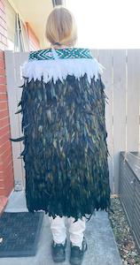 Internet only: Black Maori Korowai Feather Cloak with Emerald Taniko