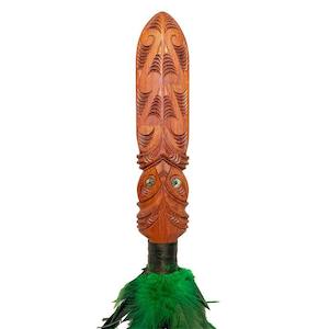 Maori Made Totara Taiaha with Green Feathers